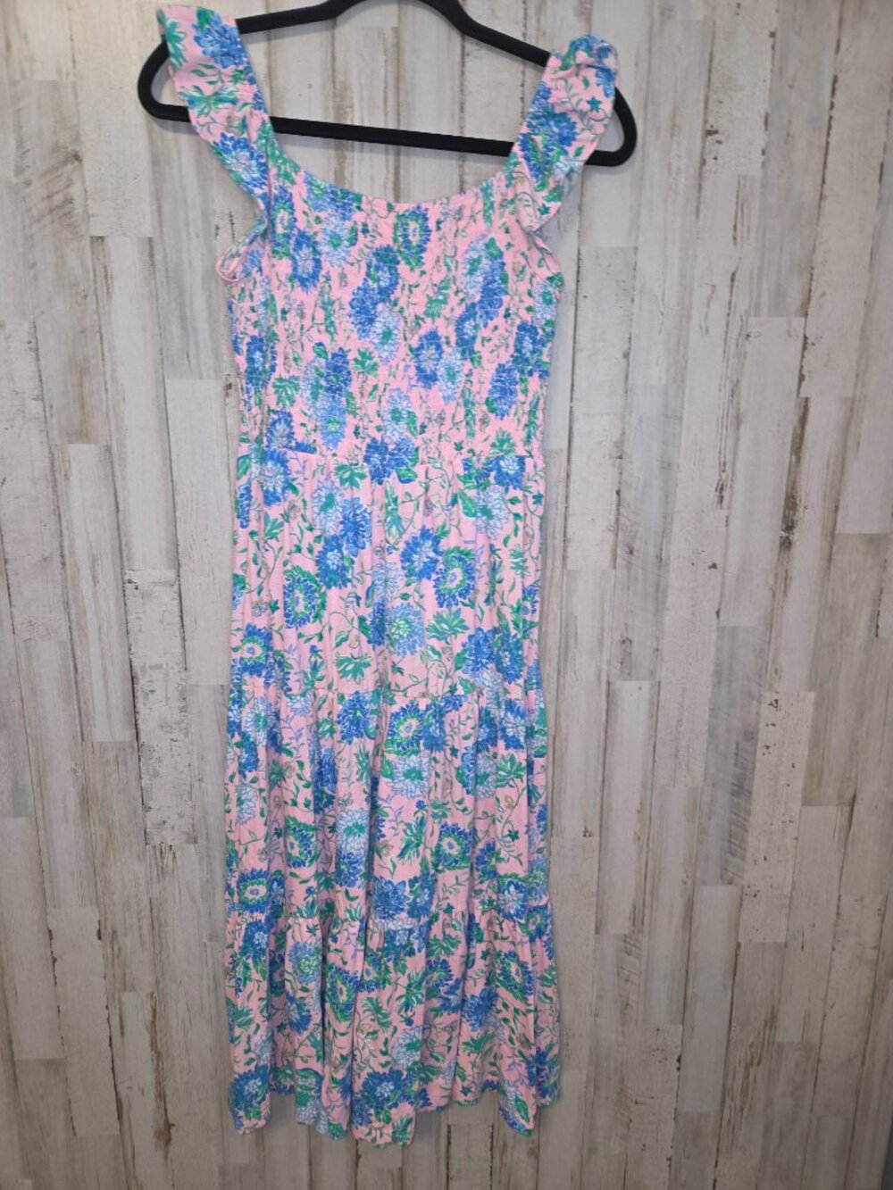 Lilly Pulitzer girl XL Smocked Tiered Stretch Knit Midi Dress Flutter shoulder